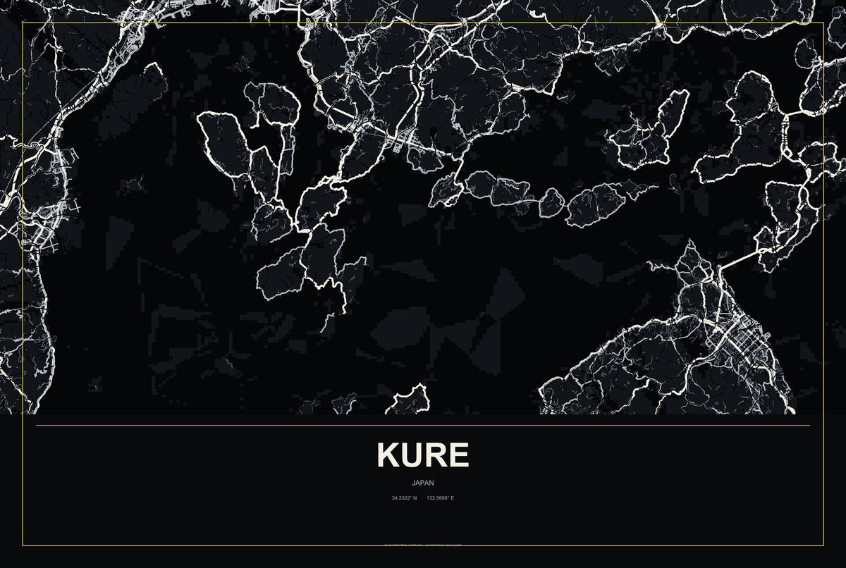 Kure, Japan City Map Aluminum Sign in Metropolitan Noir style