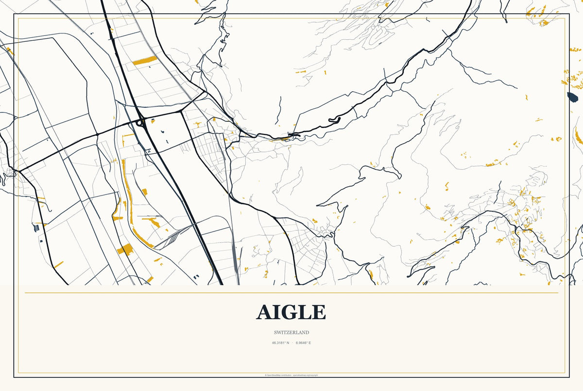 Aigle, Switzerland City Map Aluminum Sign in Citrine Modern style