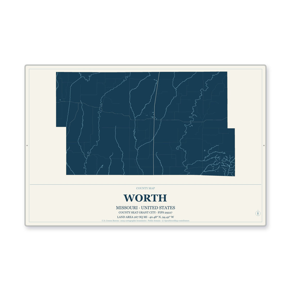 Worth County, Missouri Map Aluminum Sign in Coastal Cutout style
