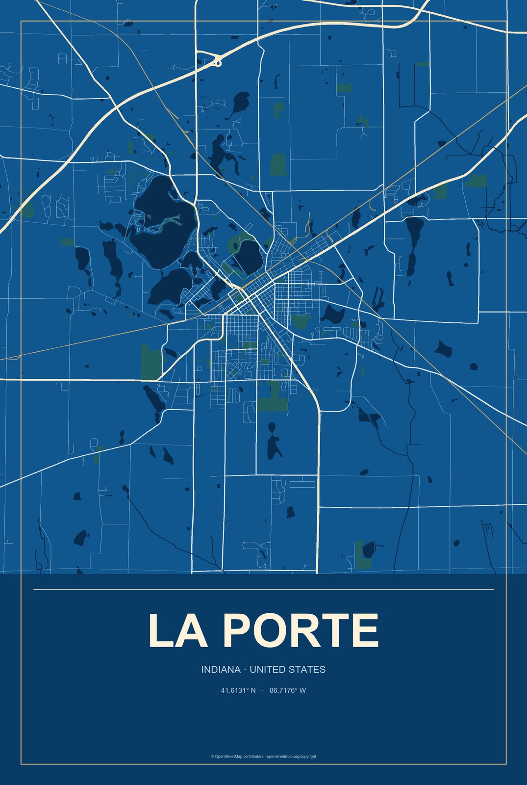 La Porte, Indiana City Map Aluminum Sign in Harbor Cobalt style