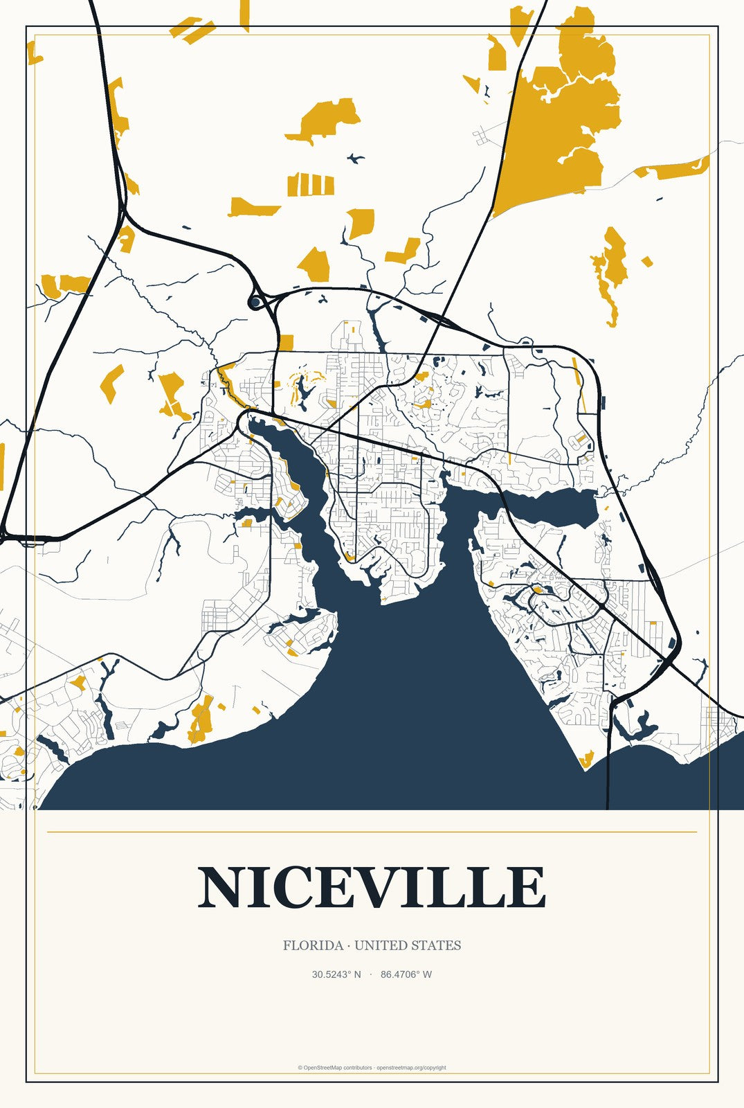 Niceville, Florida City Map Aluminum Sign in Citrine Modern style