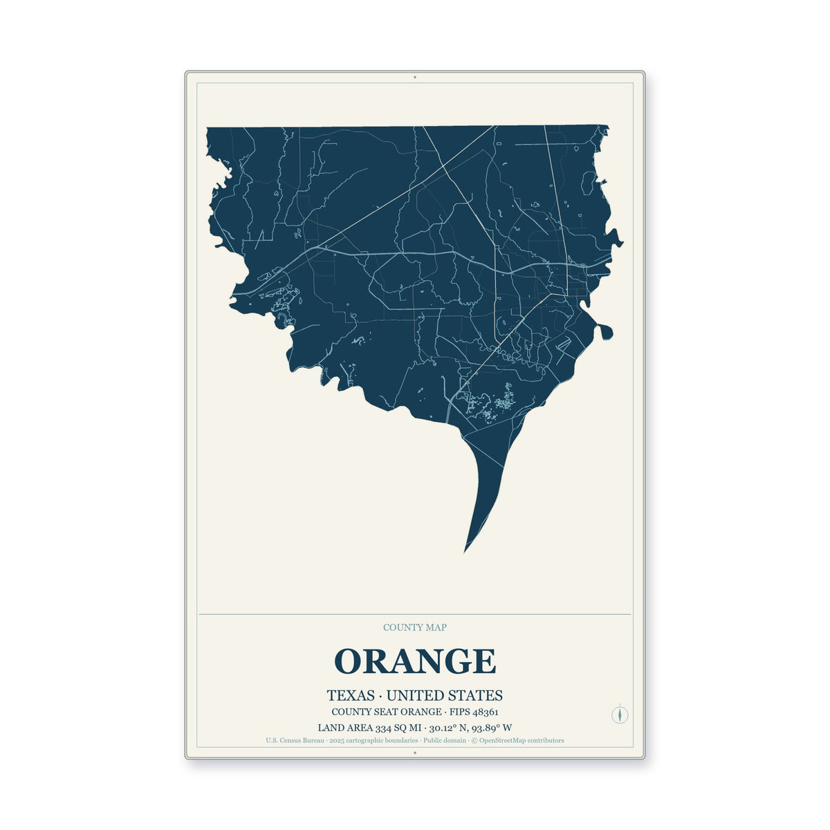 Orange County, Texas Map Aluminum Sign in Coastal Cutout style