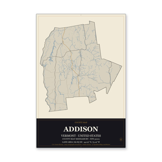 Addison County, Vermont Map Aluminum Sign in Museum Plaque style