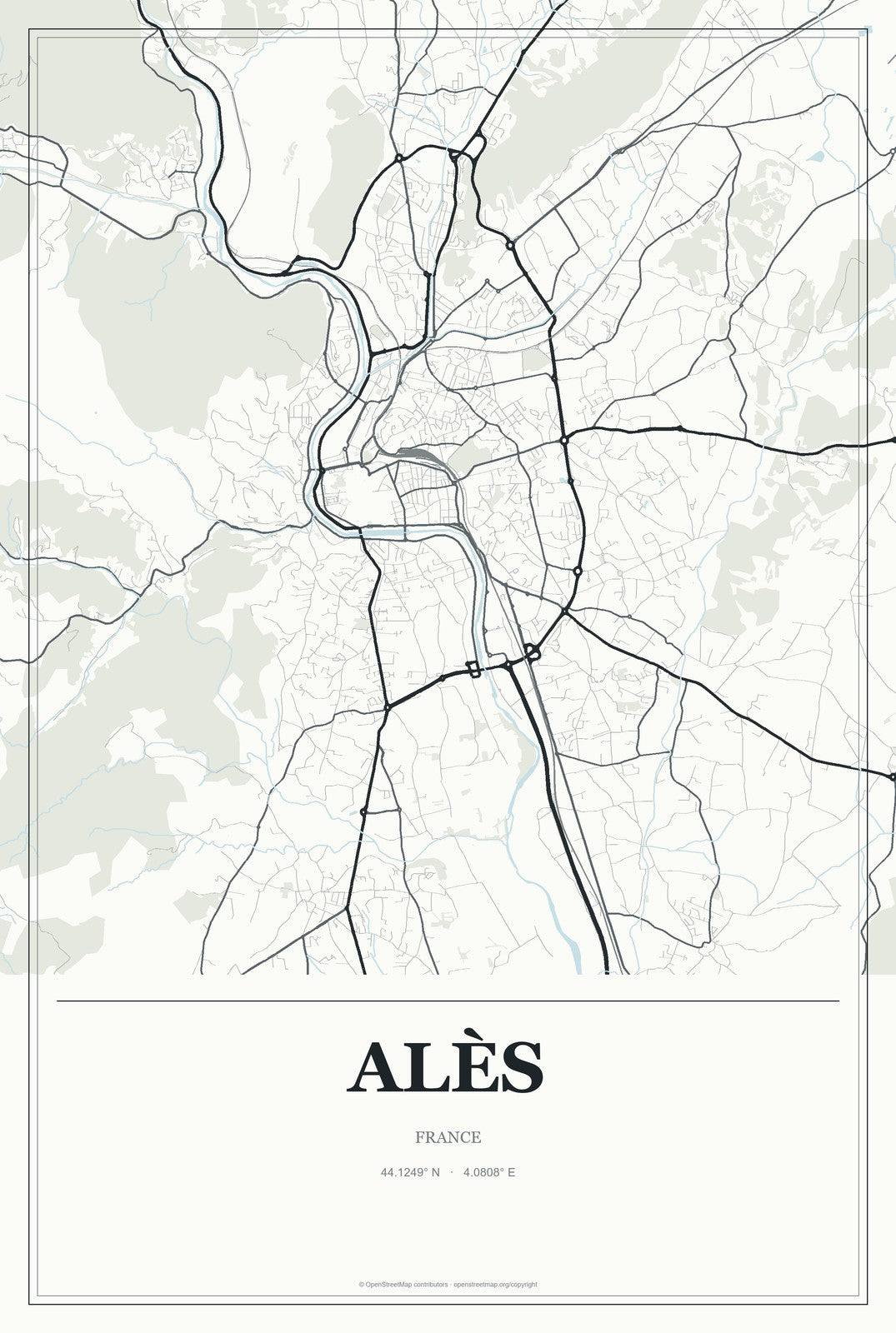 Alès, France City Map Aluminum Sign in Gallery Air style