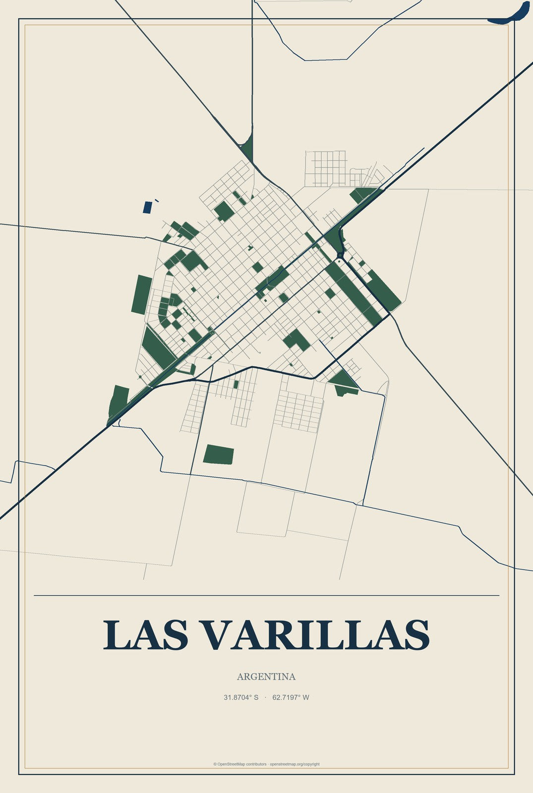 Las Varillas, Argentina City Map Aluminum Sign in Coastal Cutout style