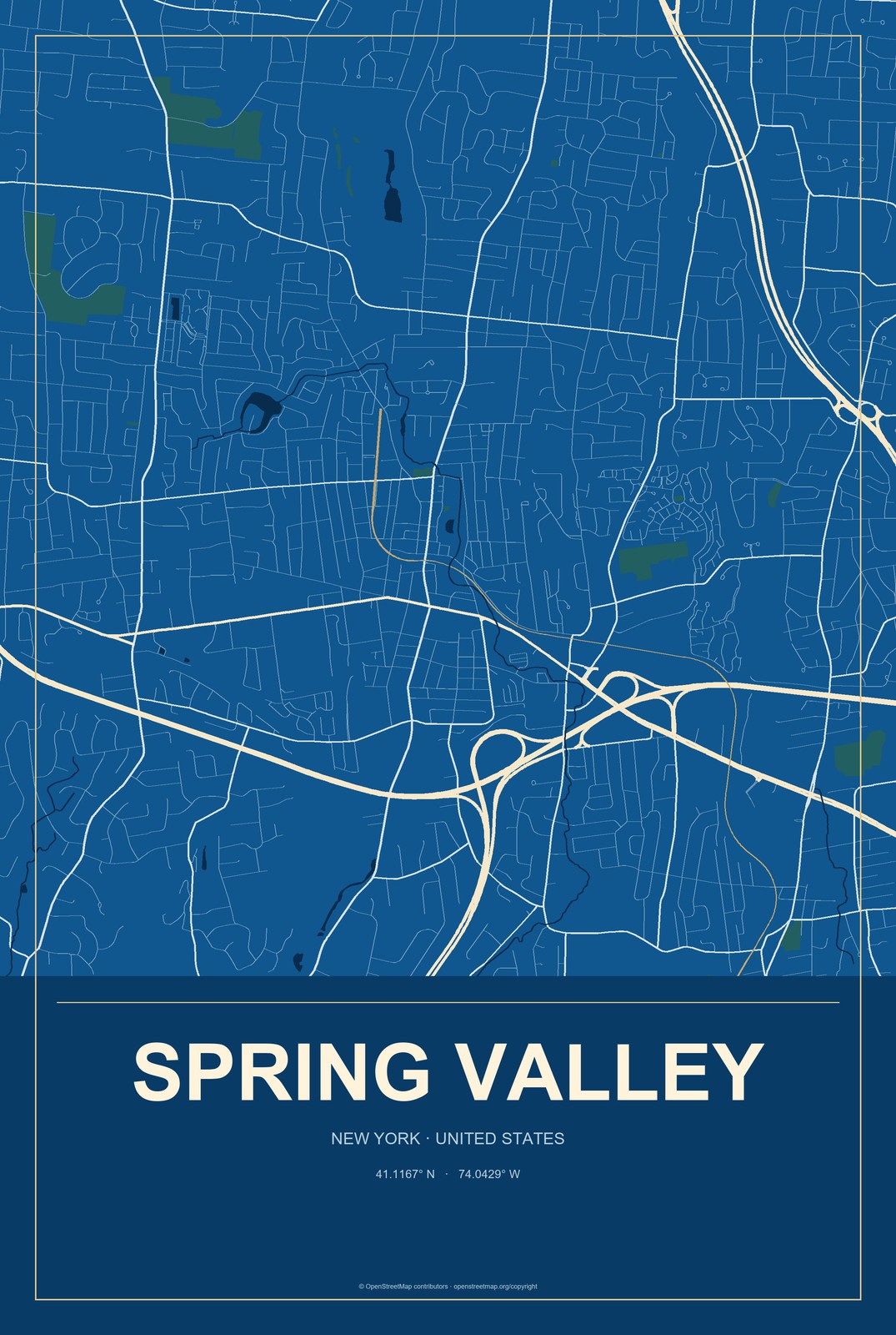 Spring Valley, New York City Map Aluminum Sign in Harbor Cobalt style