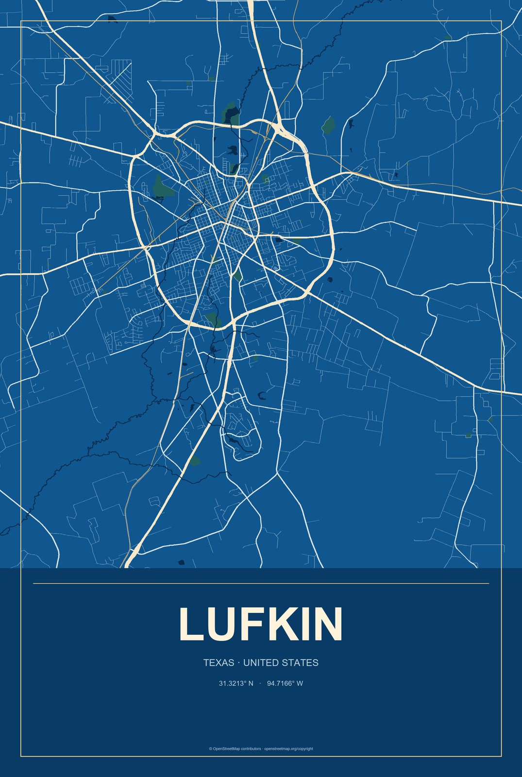 Lufkin, Texas City Map Aluminum Sign in Harbor Cobalt style