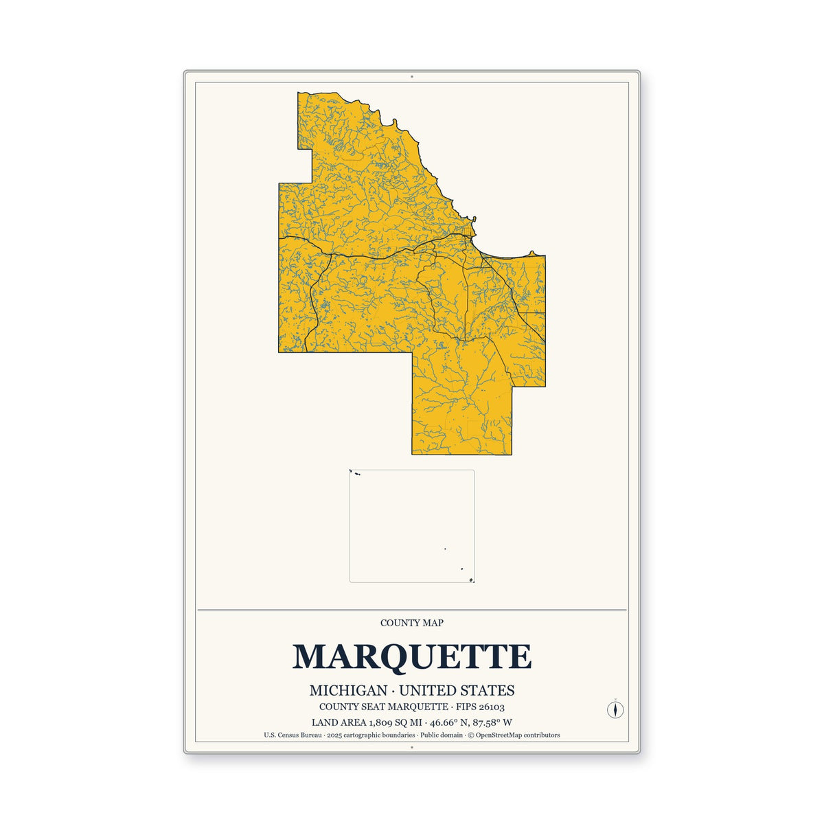 Marquette County, Michigan Map Aluminum Sign in Citrine Modern style