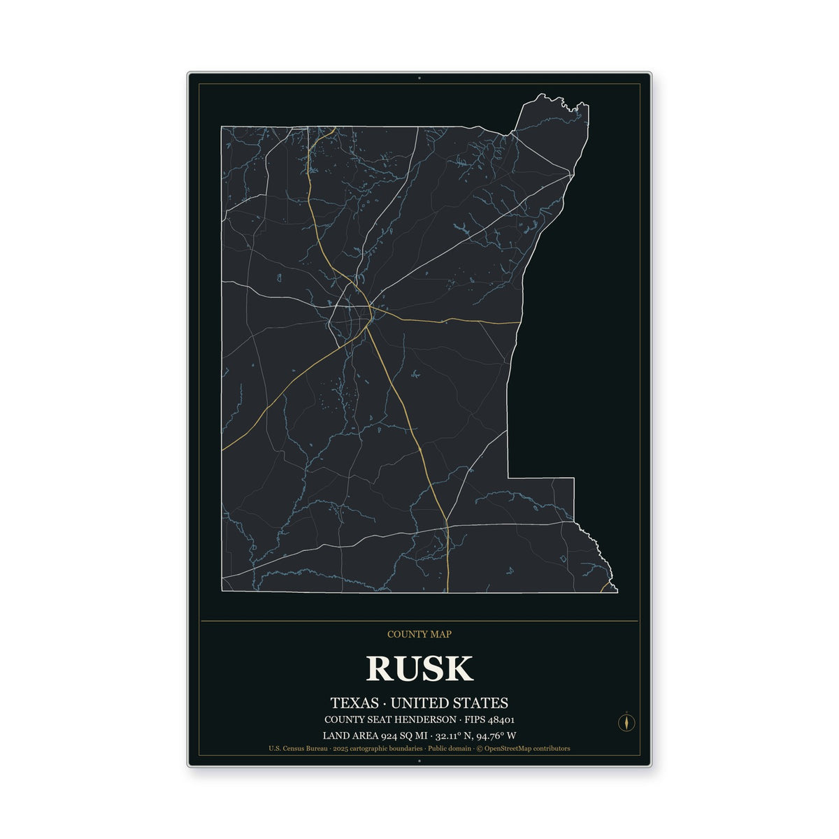 Rusk County, Texas Map Aluminum Sign in Metropolitan Noir style