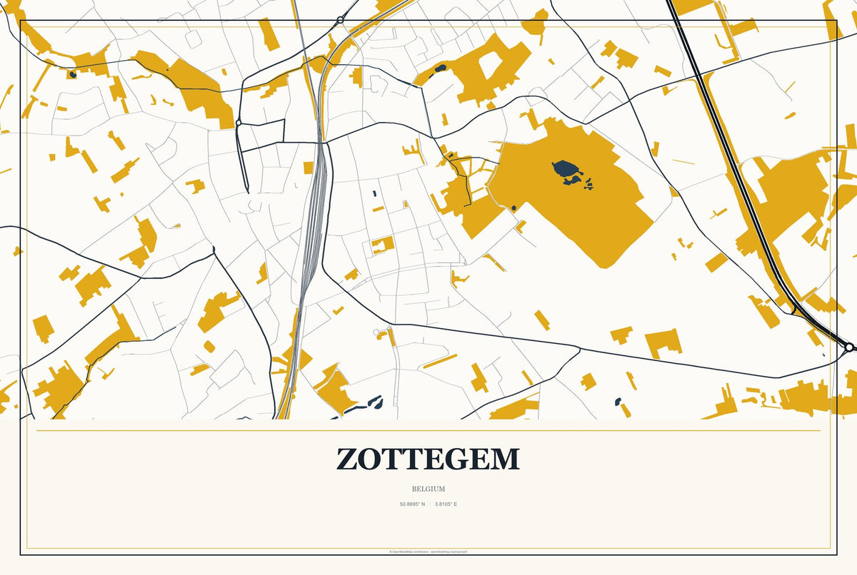 Zottegem, Belgium City Map Aluminum Sign in Citrine Modern style