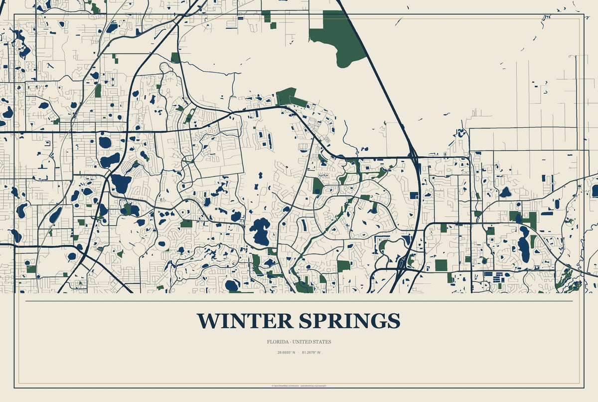 Winter Springs, Florida City Map Aluminum Sign in Coastal Cutout style