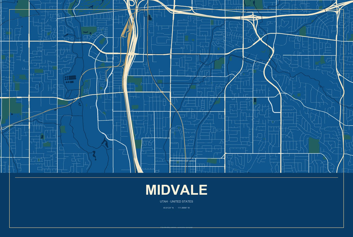 Midvale, Utah City Map Aluminum Sign in Harbor Cobalt style