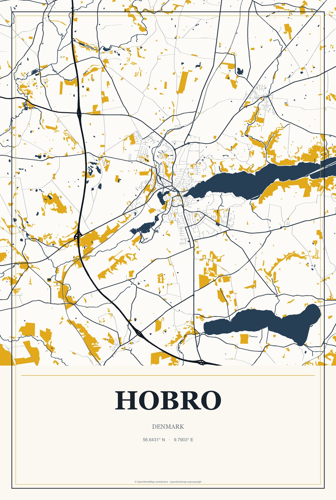 Hobro, Denmark City Map Aluminum Sign in Citrine Modern style