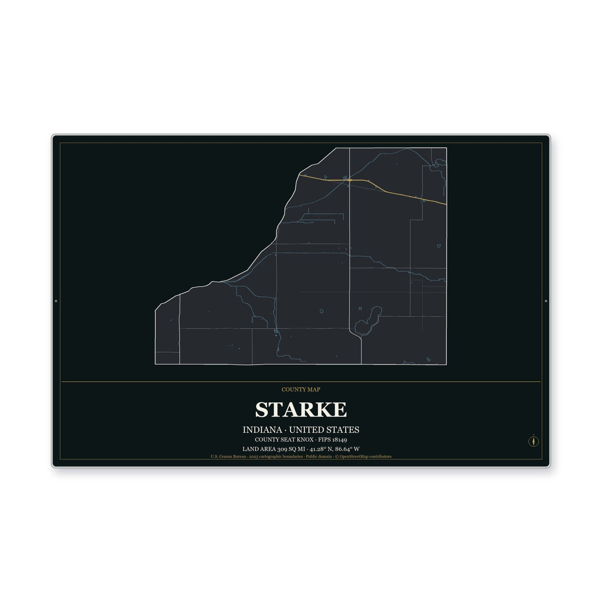 Starke County, Indiana Map Aluminum Sign in Metropolitan Noir style