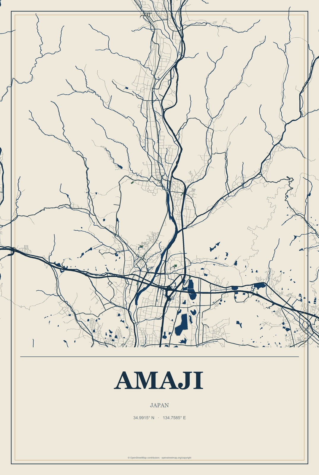 Amaji, Japan City Map Aluminum Sign in Coastal Cutout style