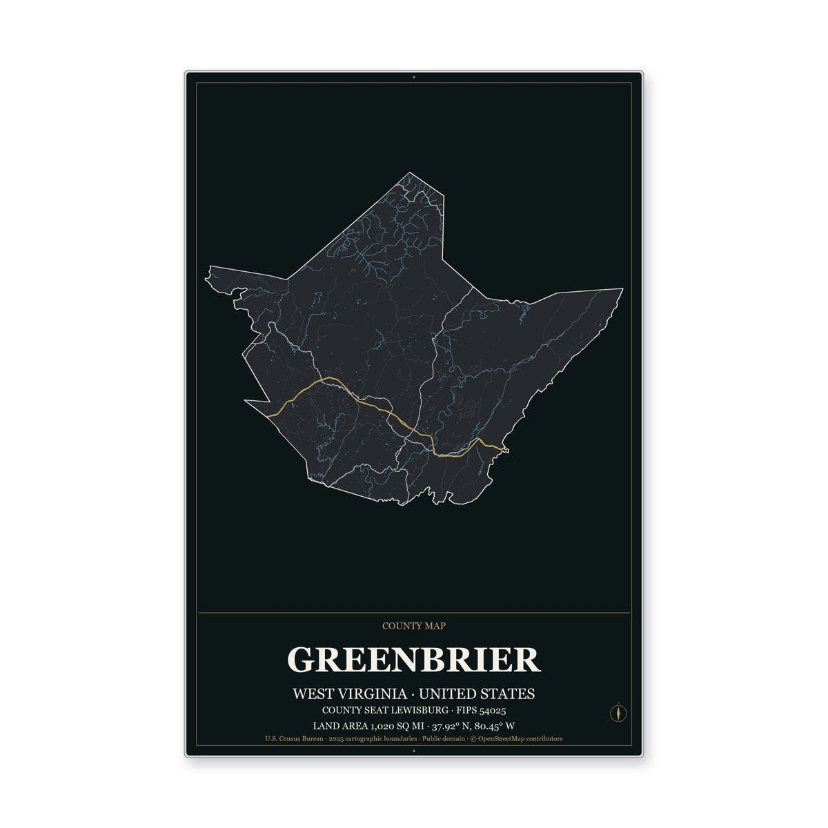 Greenbrier County, West Virginia Map Aluminum Sign in Metropolitan Noir style