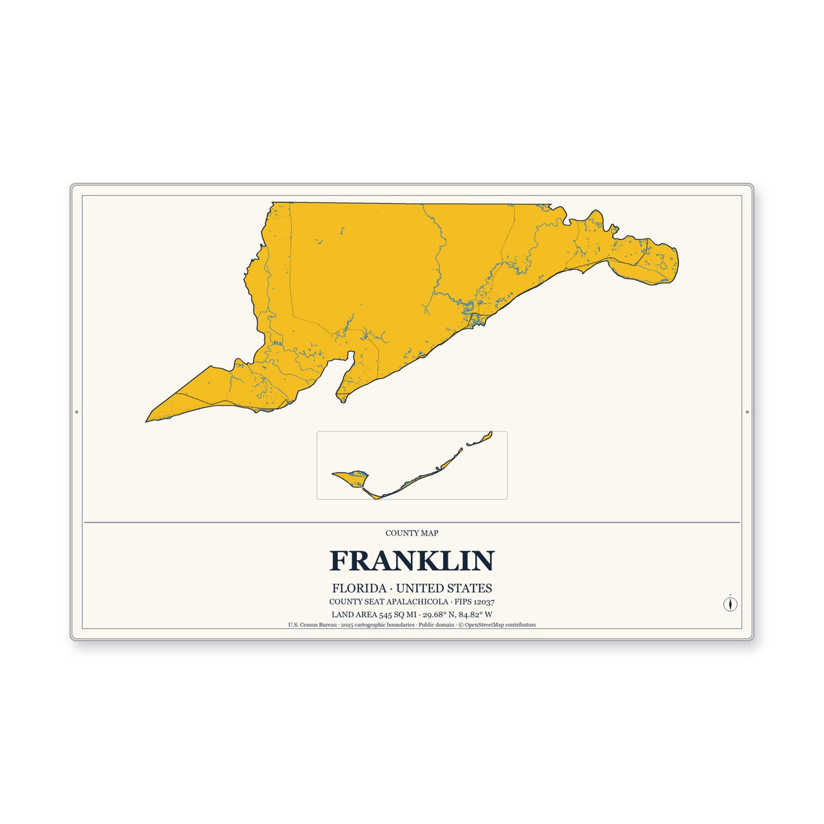 Franklin County, Florida Map Aluminum Sign in Citrine Modern style