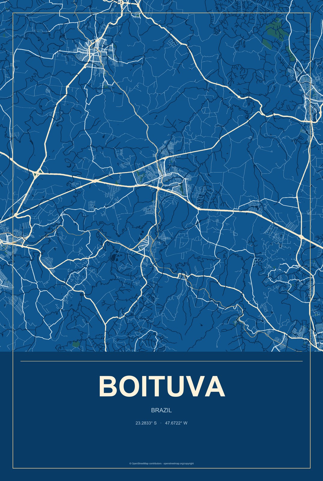 Boituva, Brazil City Map Aluminum Sign in Harbor Cobalt style