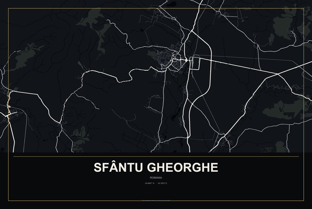 Sfântu Gheorghe, Romania City Map Aluminum Sign in Metropolitan Noir style