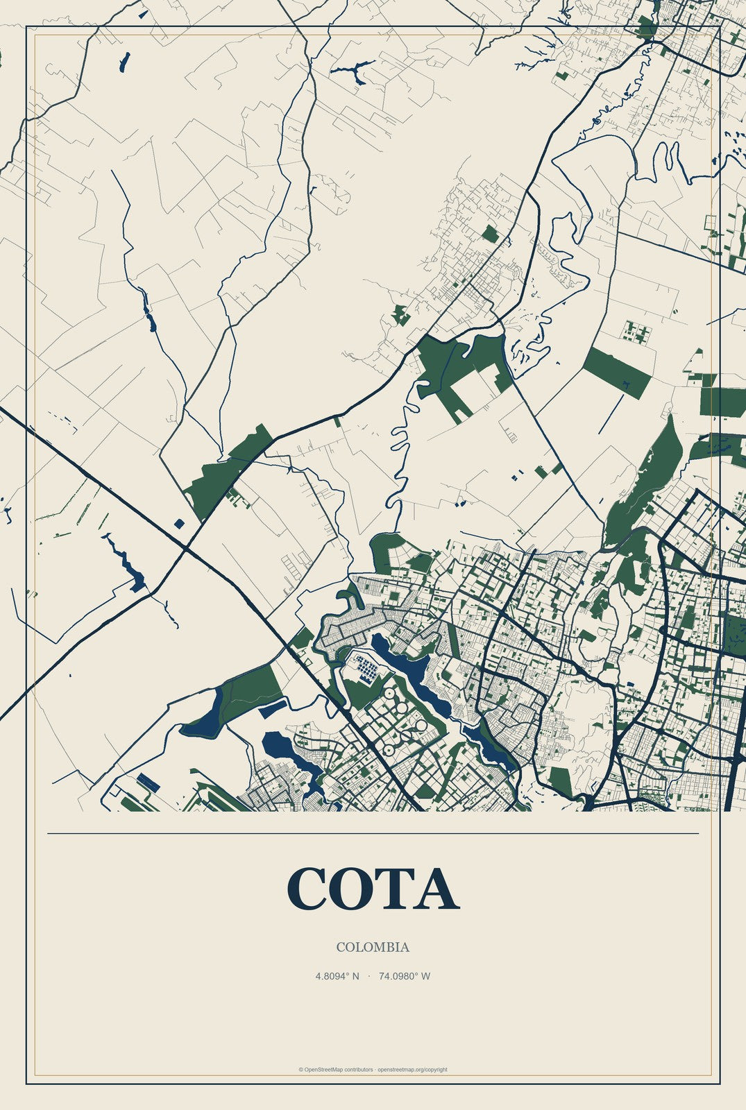 Cota, Colombia City Map Aluminum Sign in Coastal Cutout style