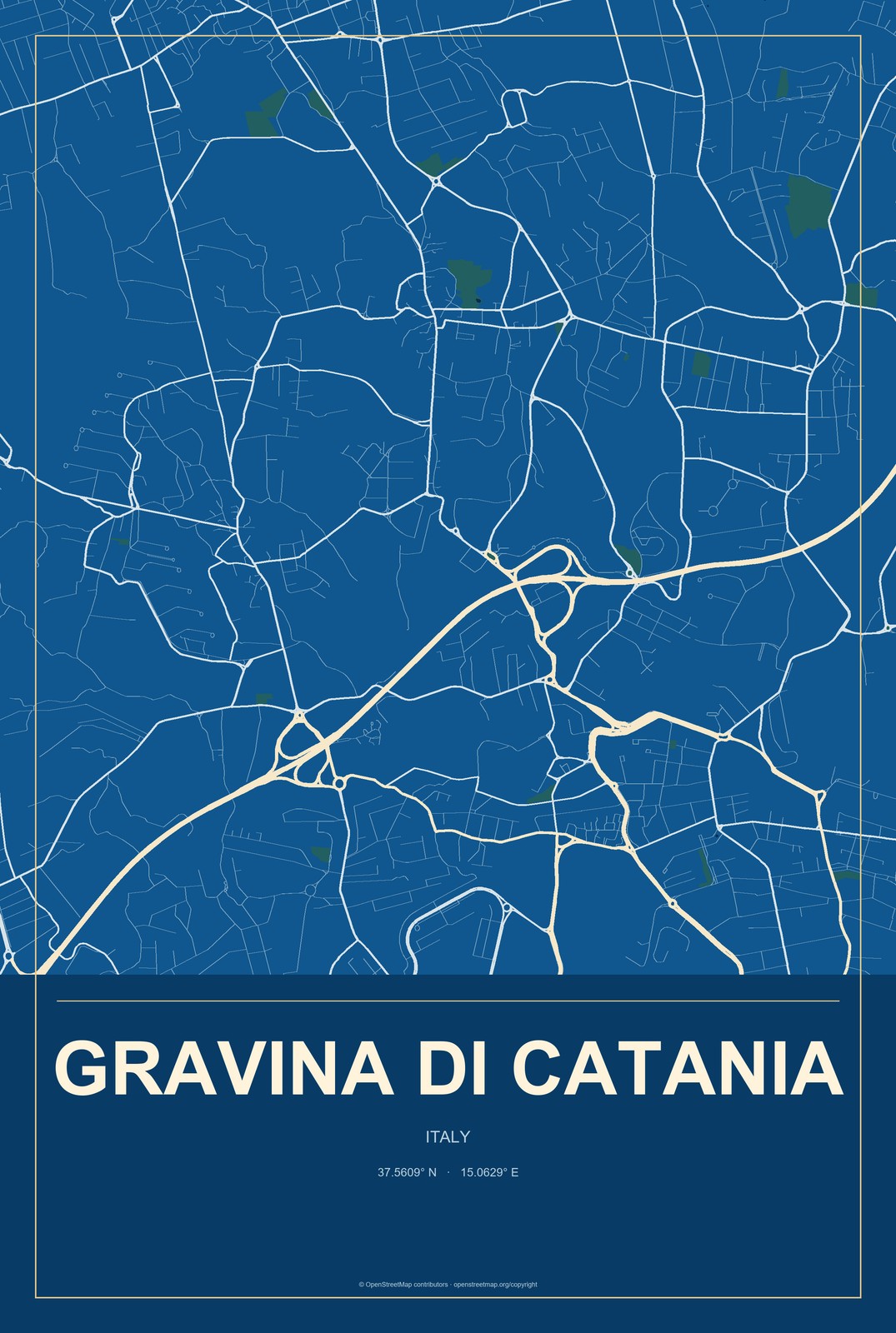 Gravina di Catania, Italy City Map Aluminum Sign in Harbor Cobalt style