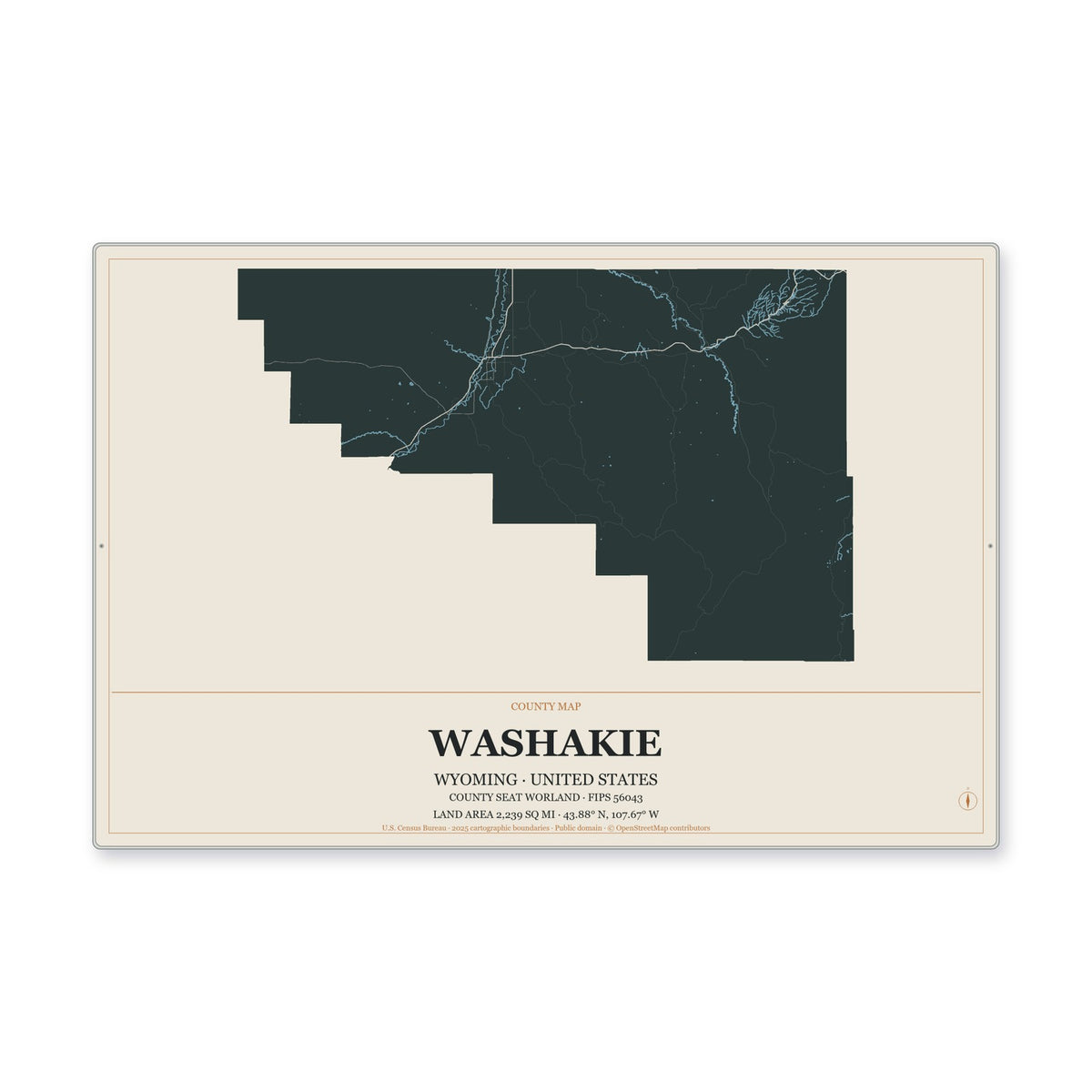 Washakie County, Wyoming Map Aluminum Sign in Headline Atlas style