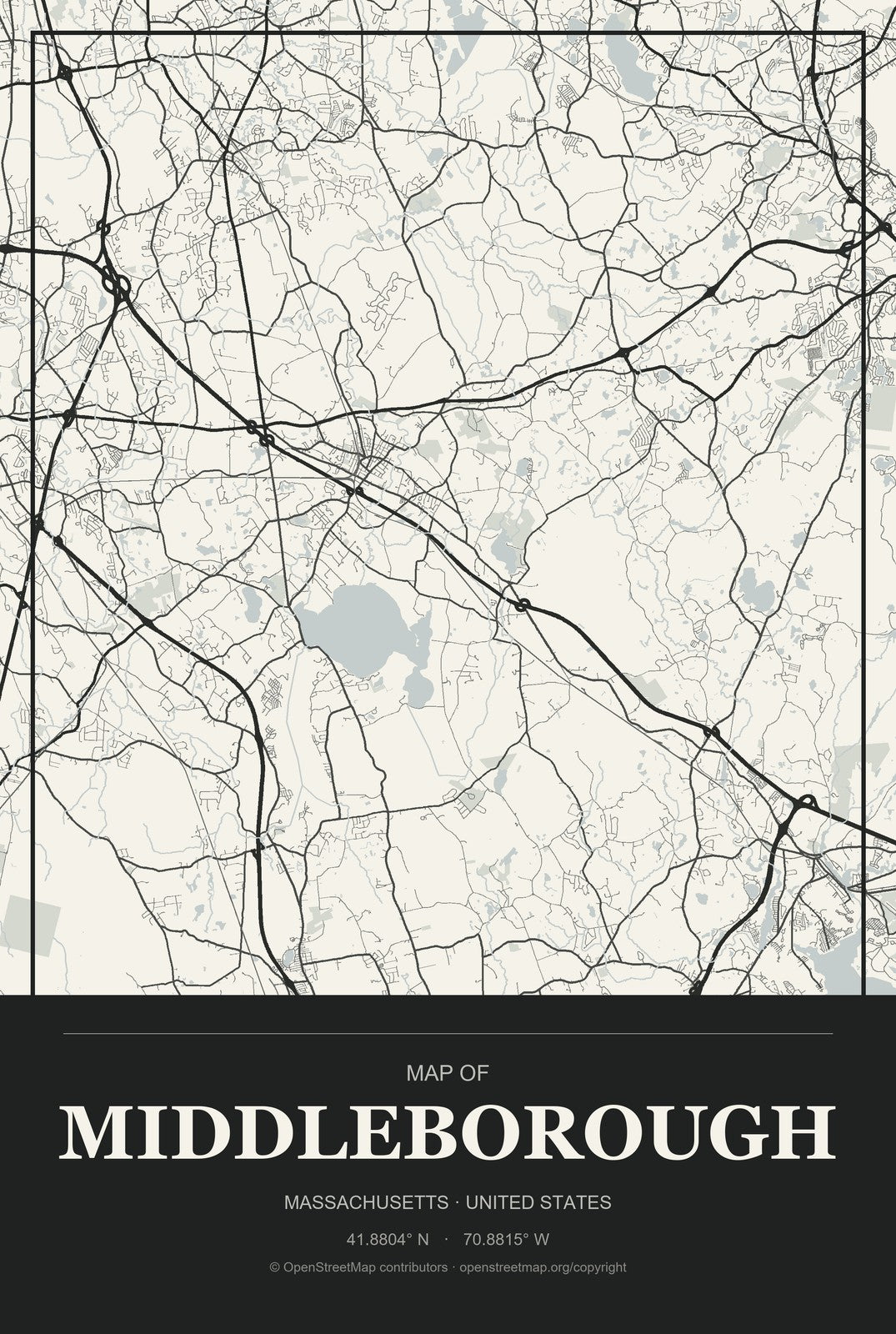 Middleborough, Massachusetts City Map Aluminum Sign in Museum Plaque style