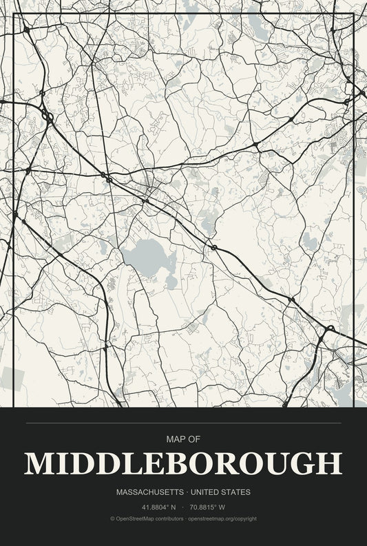 Middleborough, Massachusetts City Map Aluminum Sign in Museum Plaque style