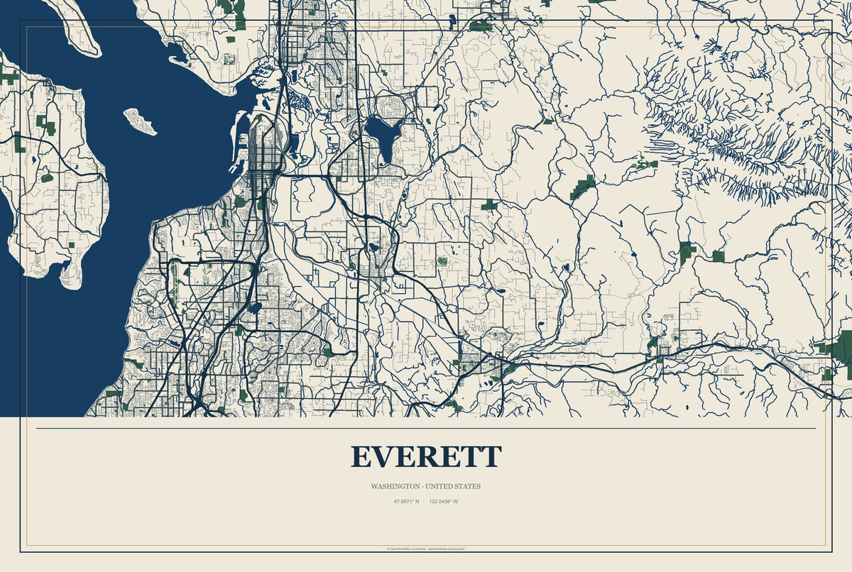 Everett, Washington City Map Aluminum Sign in Coastal Cutout style