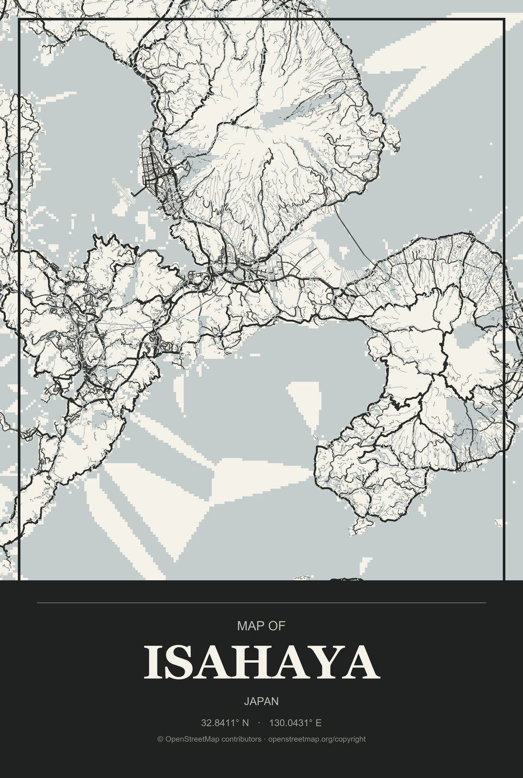 Isahaya, Japan City Map Aluminum Sign in Museum Plaque style