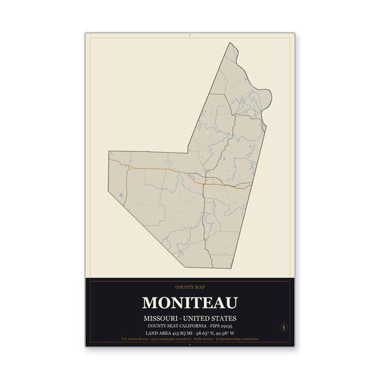 Moniteau County, Missouri Map Aluminum Sign in Museum Plaque style
