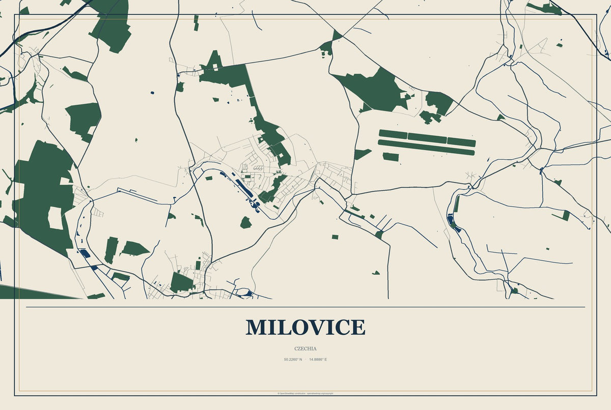 Milovice, Czechia City Map Aluminum Sign in Coastal Cutout style