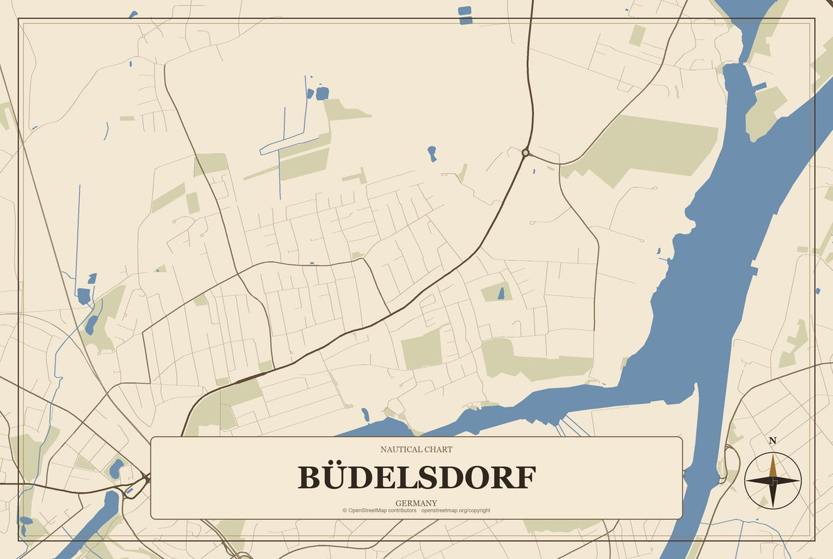 Büdelsdorf, Germany City Map Aluminum Sign in Heritage Nautical style
