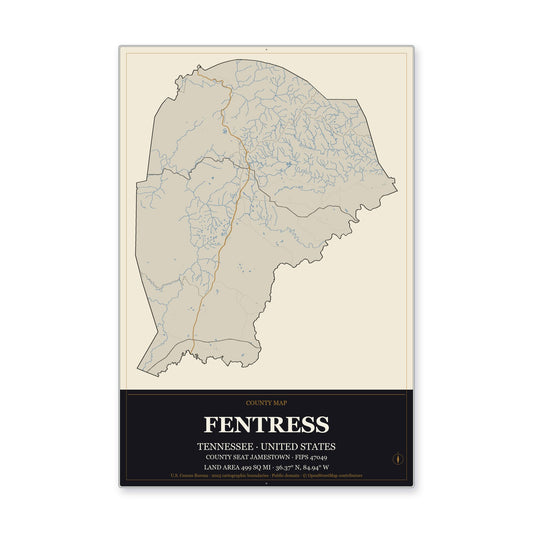 Fentress County, Tennessee Map Aluminum Sign in Museum Plaque style