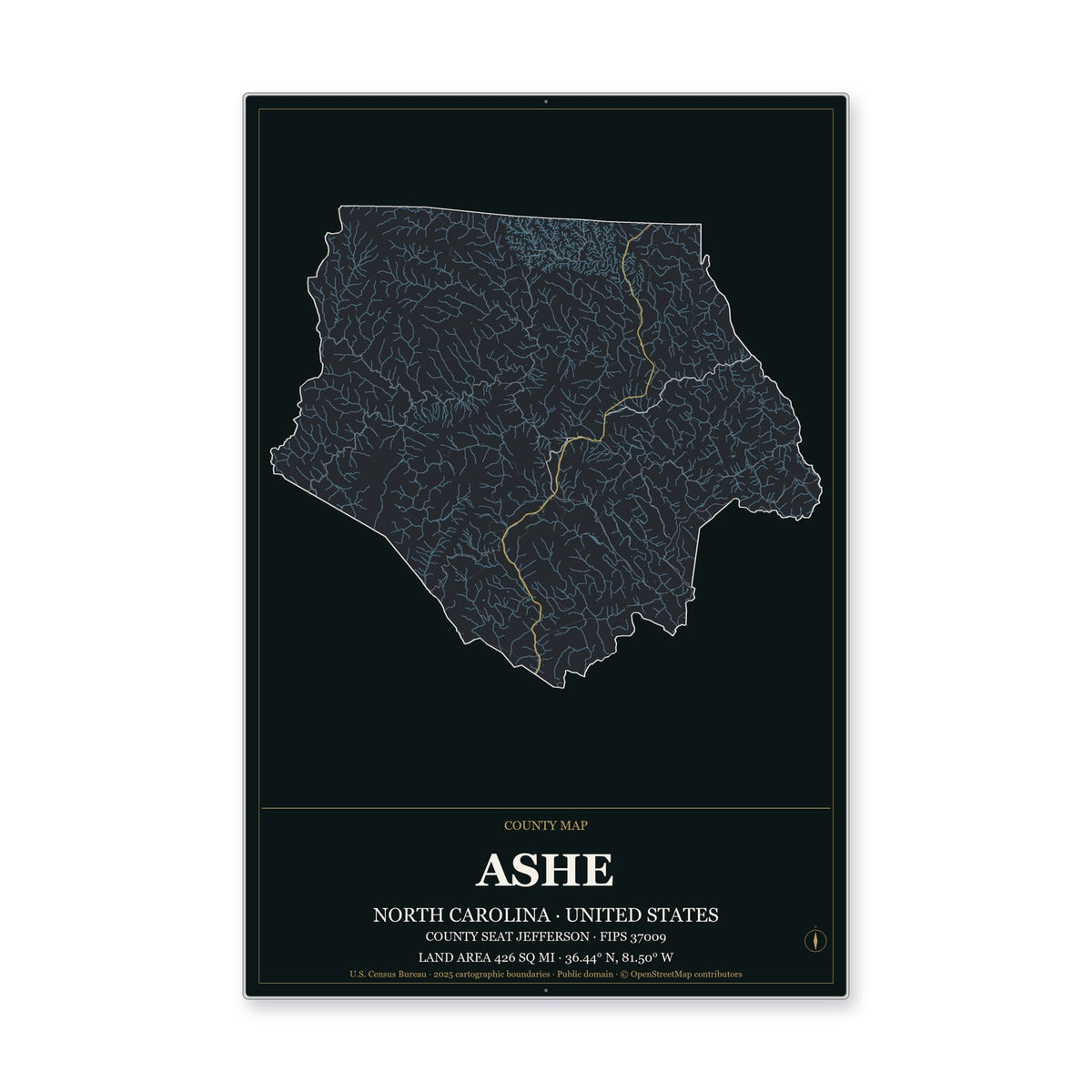 Ashe County, North Carolina Map Aluminum Sign in Metropolitan Noir style