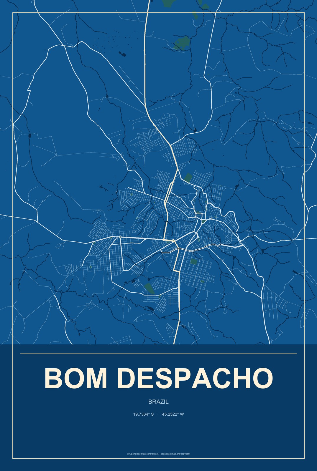Bom Despacho, Brazil City Map Aluminum Sign in Harbor Cobalt style