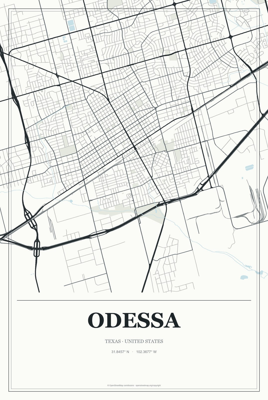 Odessa, Texas City Map Aluminum Sign in Gallery Air style