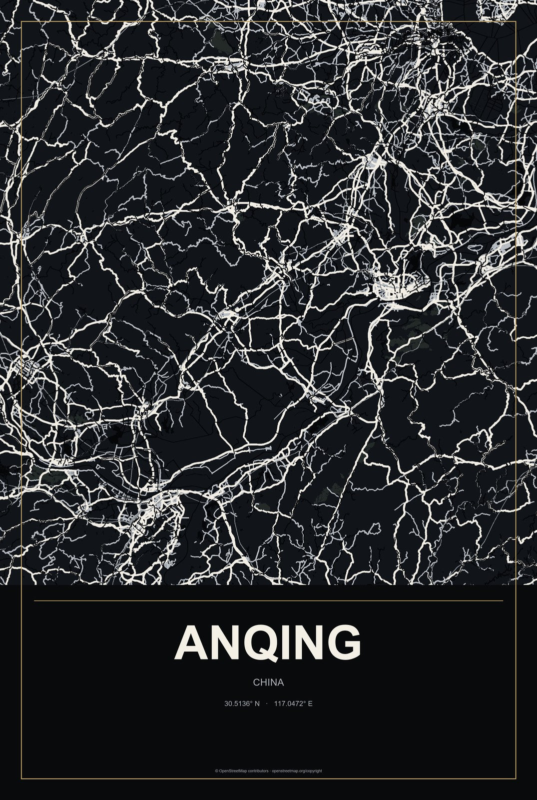 Anqing, China City Map Aluminum Sign in Metropolitan Noir style