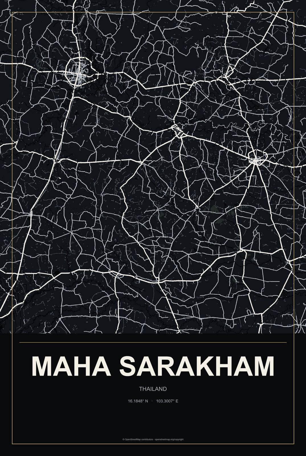 Maha Sarakham, Thailand City Map Aluminum Sign in Metropolitan Noir style