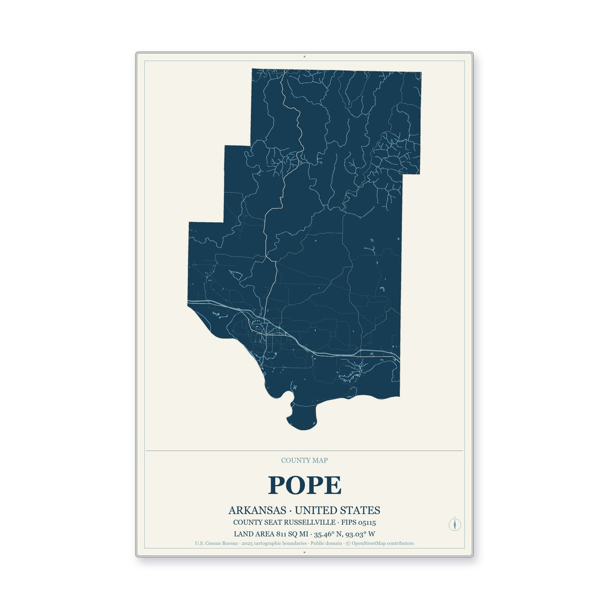 Pope County, Arkansas Map Aluminum Sign in Coastal Cutout style