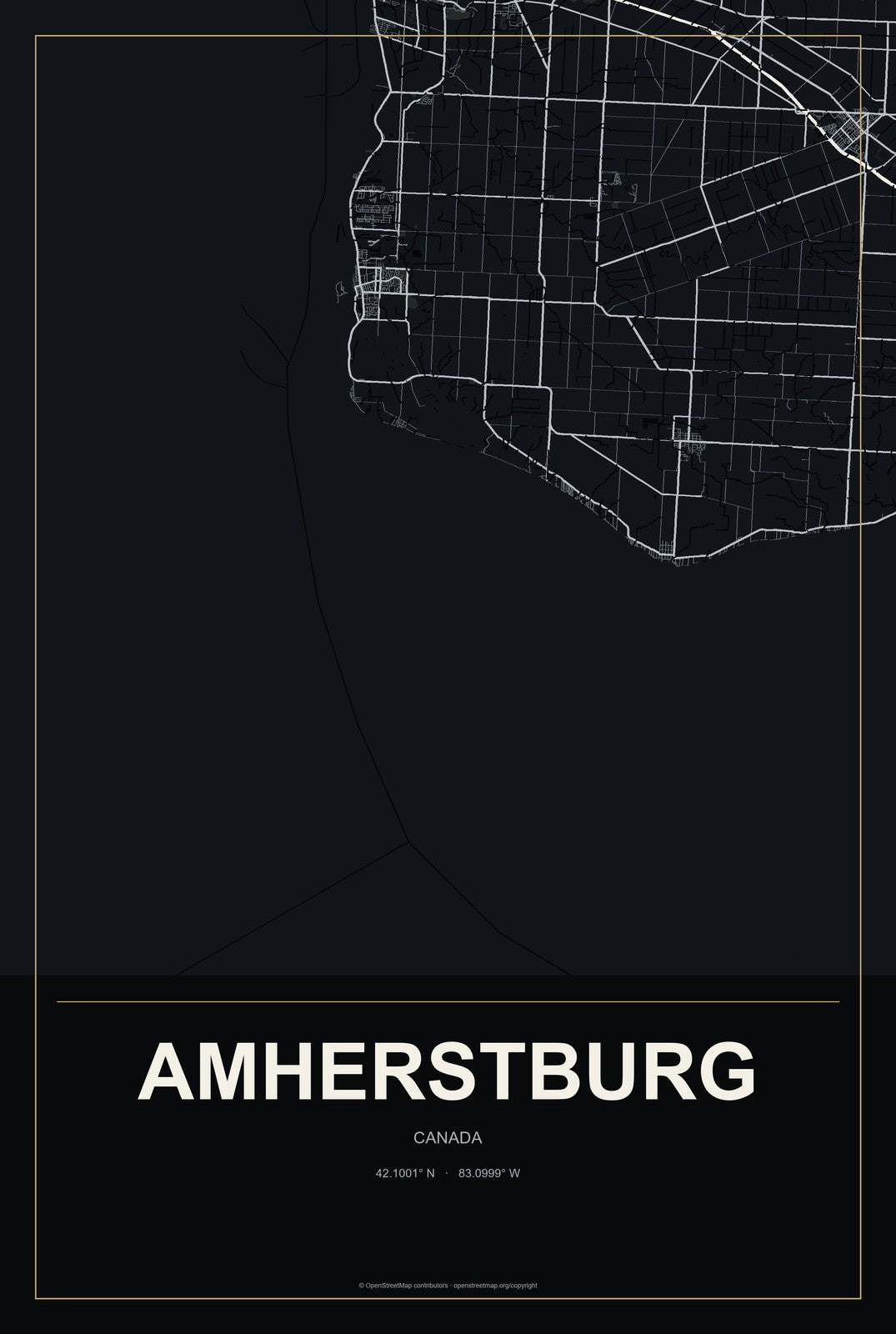 Amherstburg, Canada City Map Aluminum Sign in Metropolitan Noir style