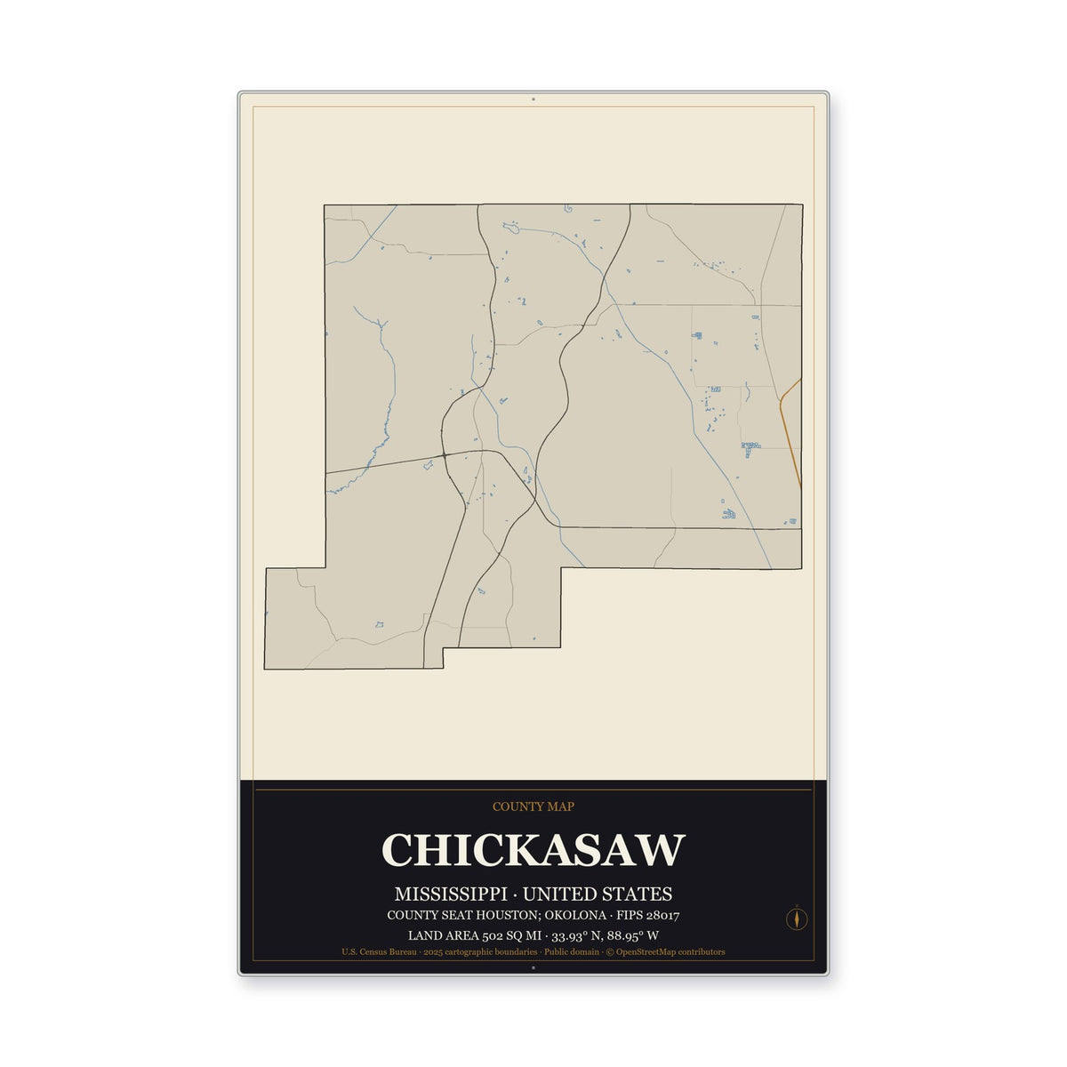 Chickasaw County, Mississippi Map Aluminum Sign in Museum Plaque style