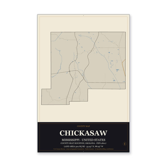 Chickasaw County, Mississippi Map Aluminum Sign in Museum Plaque style
