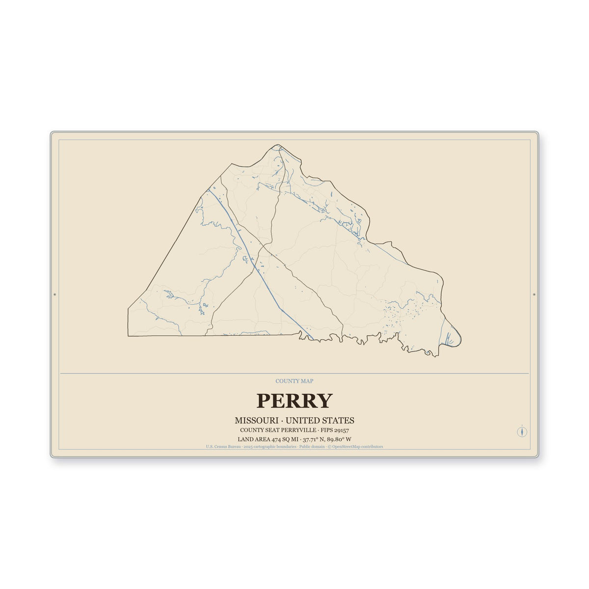 Perry County, Missouri Map Aluminum Sign in Heritage Nautical style