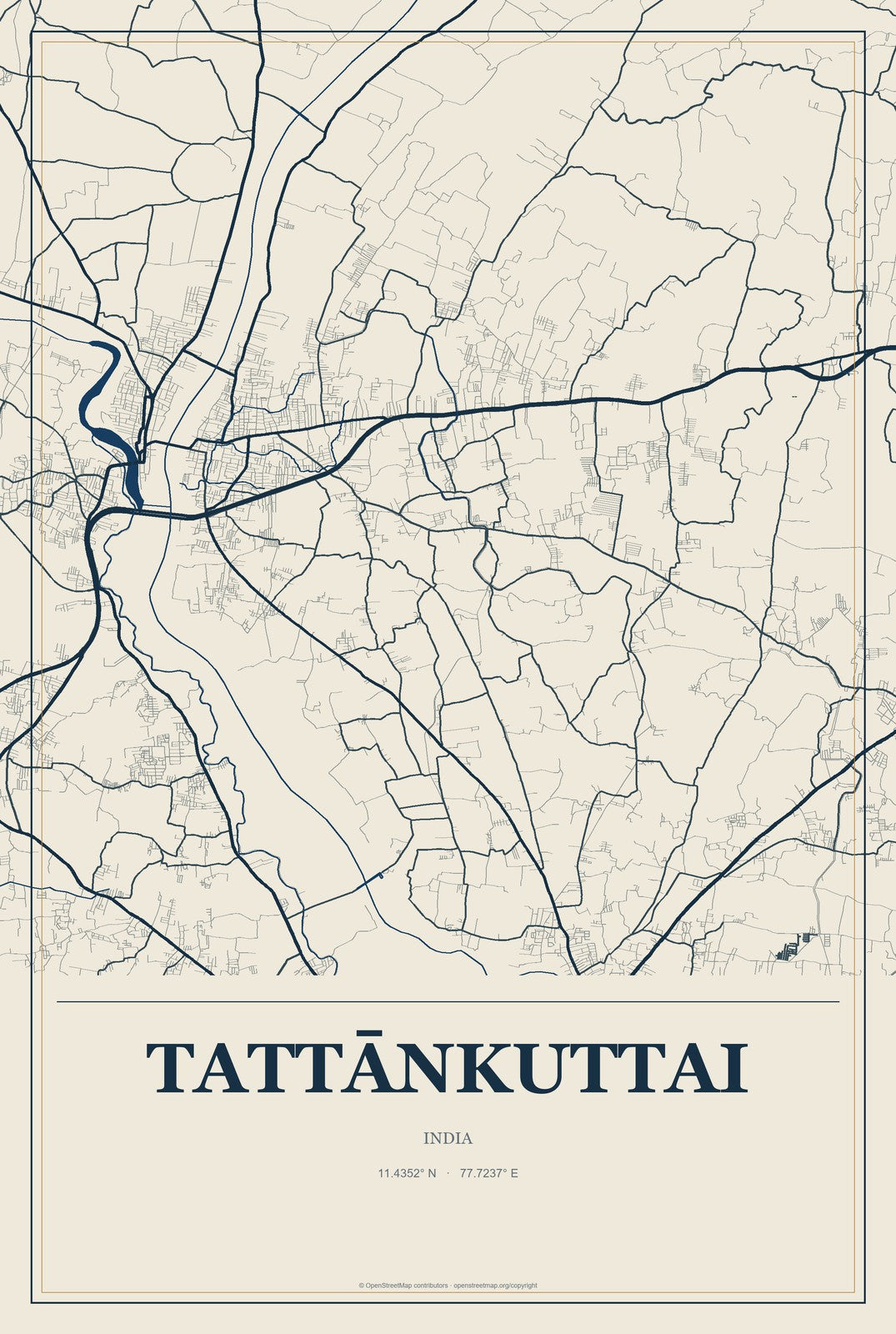 Tattānkuttai, India City Map Aluminum Sign in Coastal Cutout style