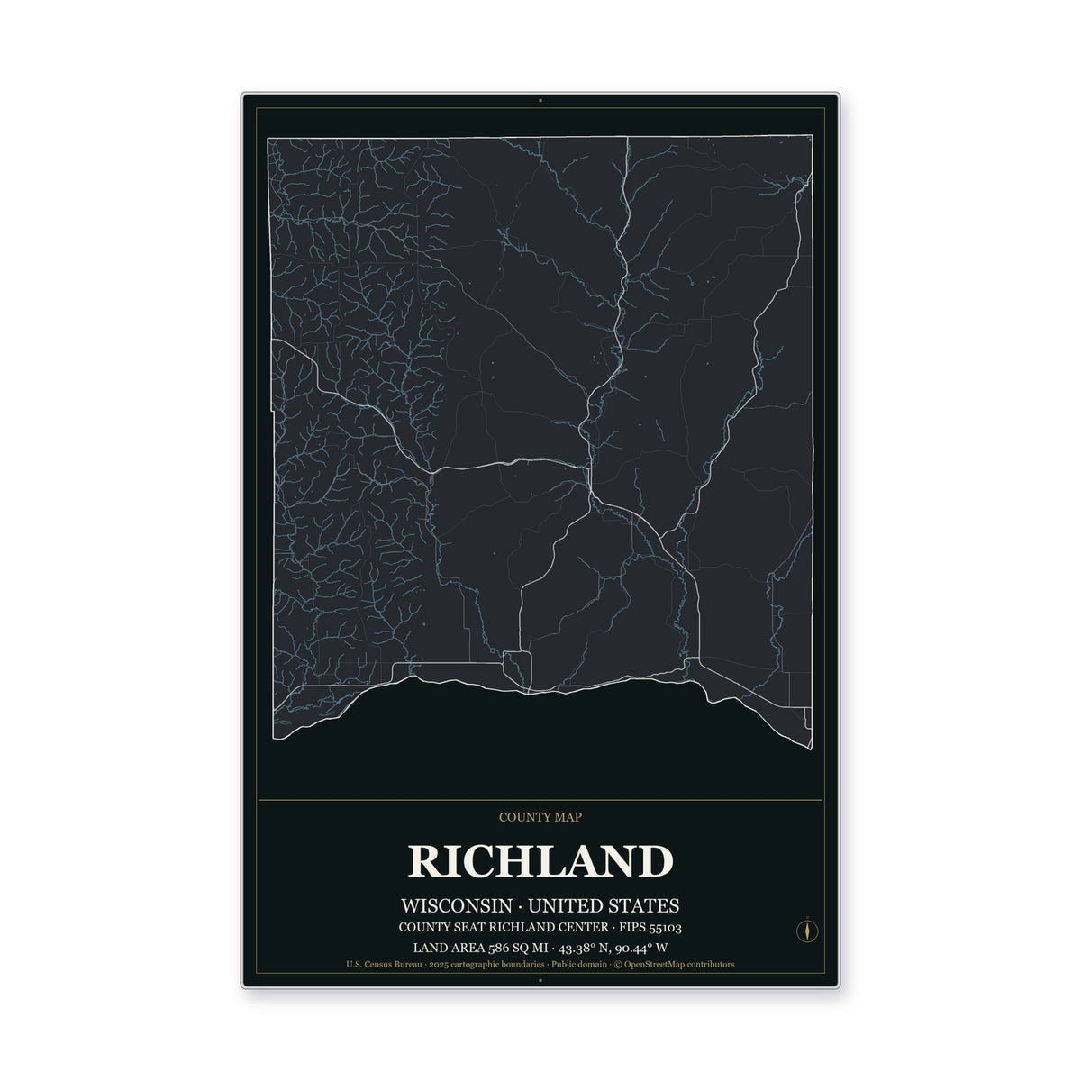 Richland County, Wisconsin Map Aluminum Sign in Metropolitan Noir style