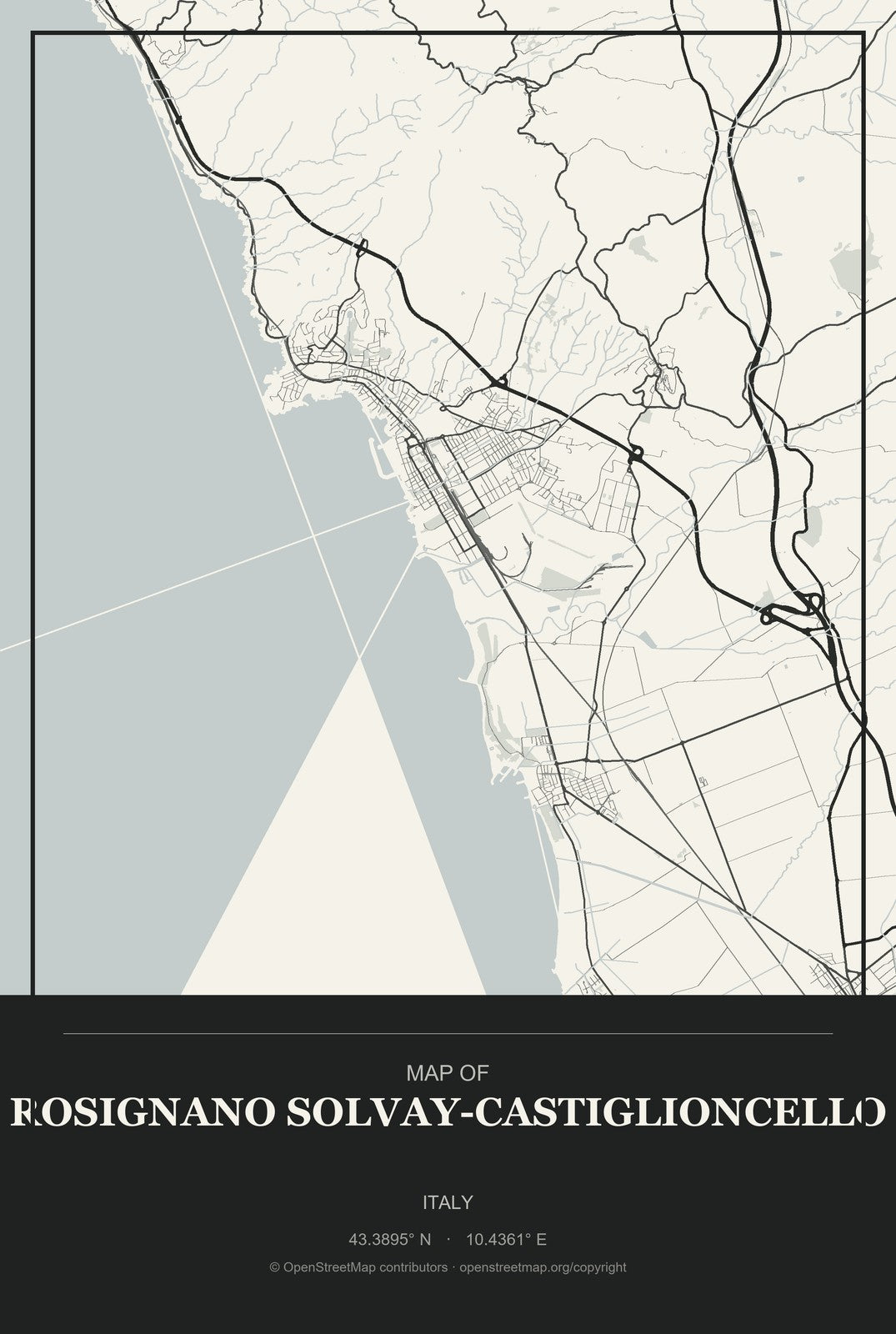 Rosignano Solvay-Castiglioncello, Italy City Map Aluminum Sign in Museum Plaque style