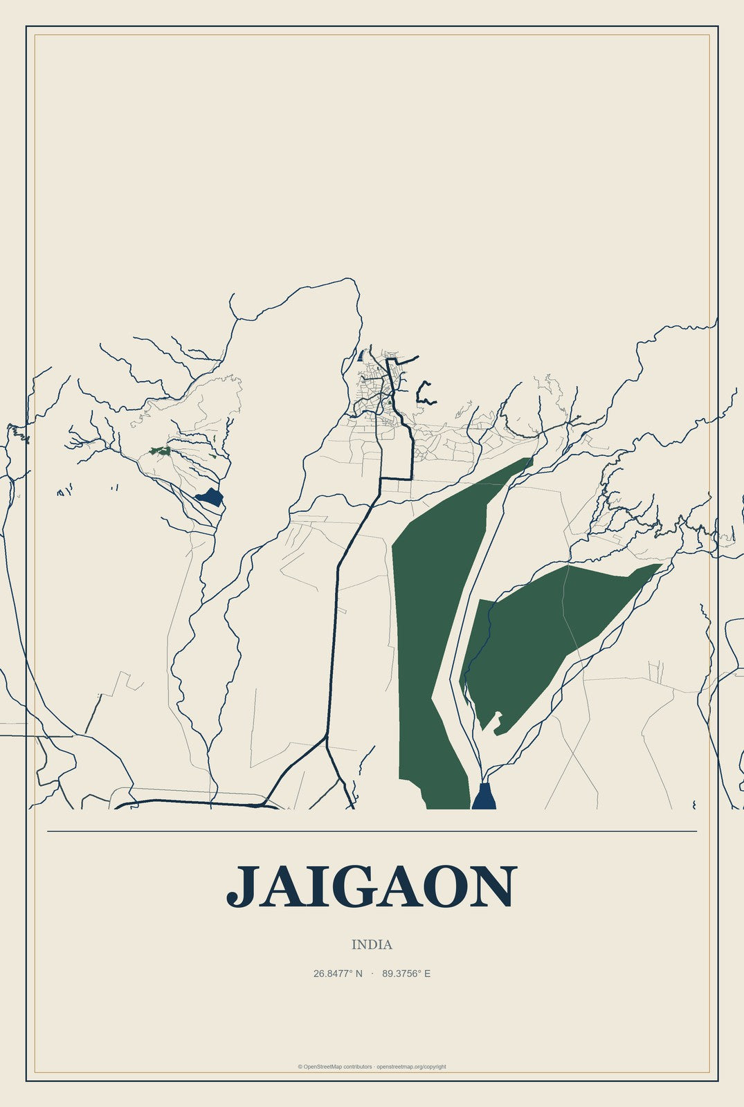 Jaigaon, India City Map Aluminum Sign in Coastal Cutout style