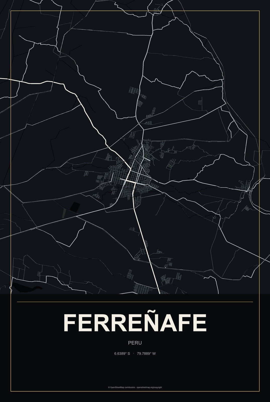 Ferreñafe, Peru City Map Aluminum Sign in Metropolitan Noir style