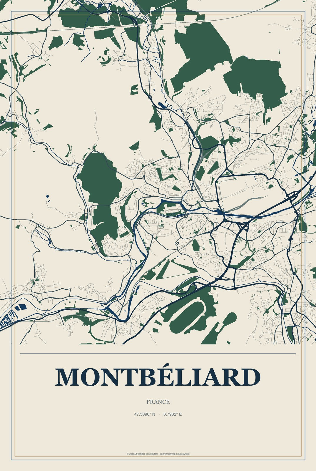 Montbéliard, France City Map Aluminum Sign in Coastal Cutout style
